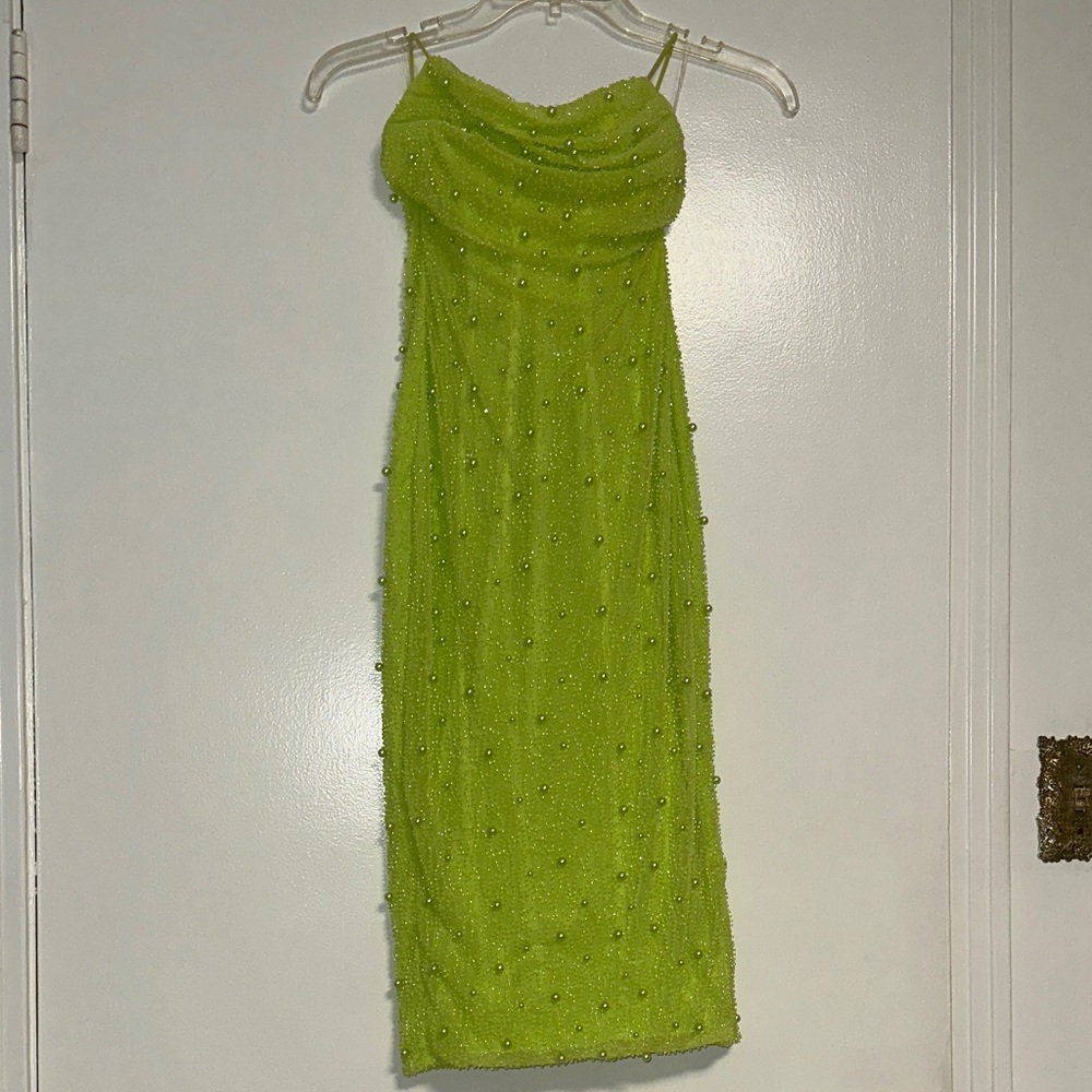 Oh Polly Lime Green Midi Dress with Beaded Detail